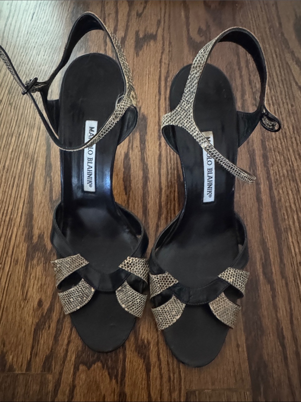 Manolo Blahnik Black and Tan Snakeskin Stiletto Sandals